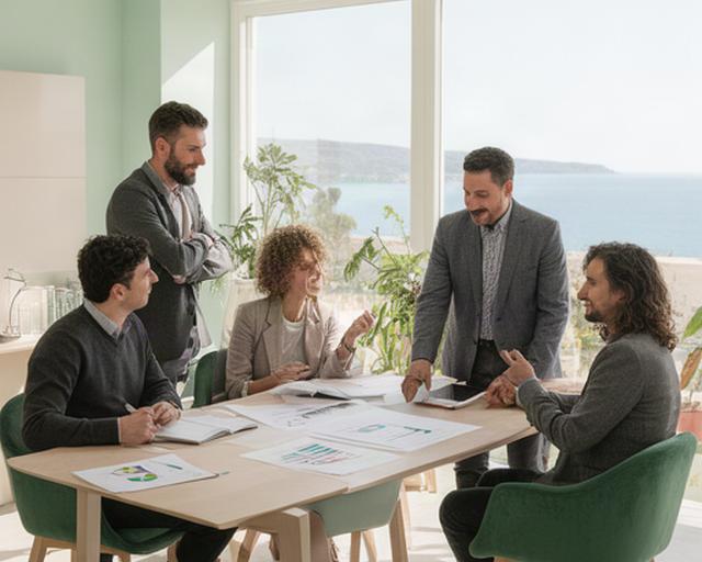 Team di consulenti HR riunito in un ufficio luminoso di Pozzallo mentre analizza un piano per una PMI siciliana