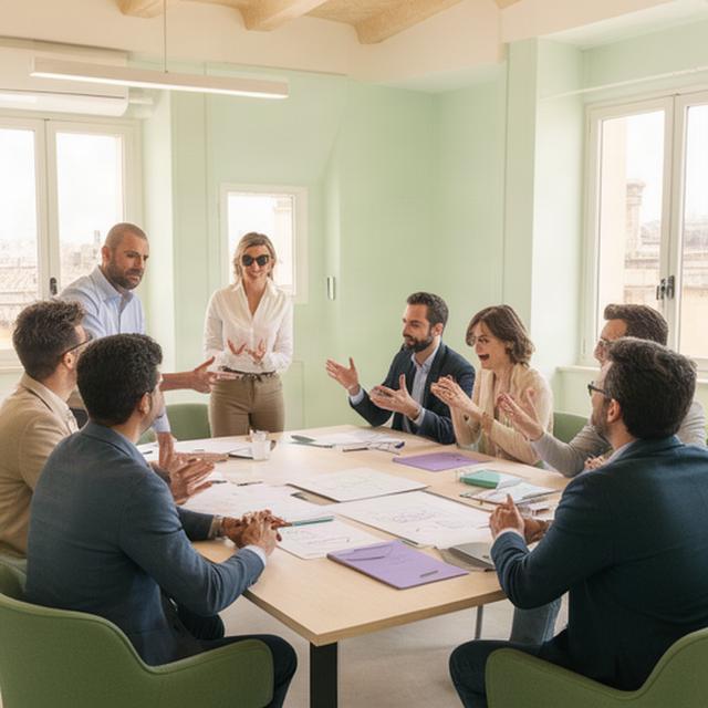 Workshop aziendale interattivo in una sala luminosa siciliana con responsabili e collaboratori riuniti attorno a un tavolo