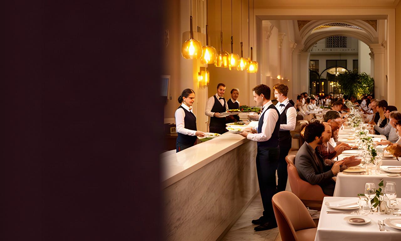 Sala di un hotel siciliano piena di ospiti, con personale al ricevimento e ai tavoli durante il servizio serale