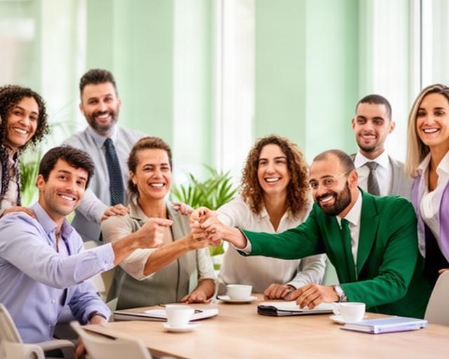 Team aziendale siciliano riunito in una sala luminosa mentre celebra un traguardo di crescita