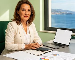 Consulente HR senior in ufficio con documenti organizzativi e vista sulla costa siciliana