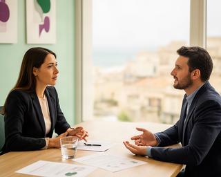 Consulente di selezione durante un colloquio professionale in una sala riunioni di Pozzallo